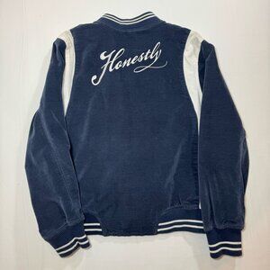American Eagle Honestly Bomber Jacket L Navy Blue White Velour Varsity Y2K Retro